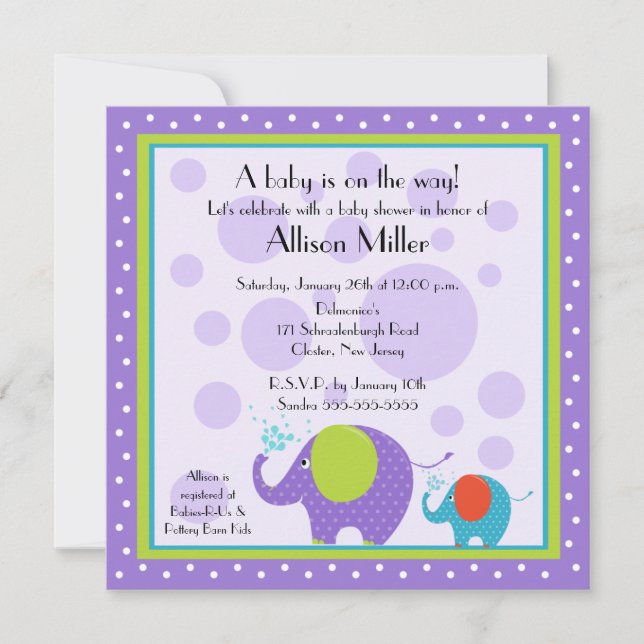 Invitation Baby shower éléphant lumineux et amusant (Devant)