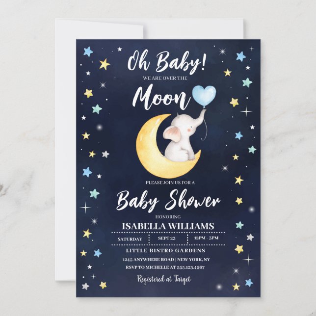 Invitation Baby shower Eléphant Lune (Devant)