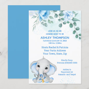 Invitation Baby shower Eléphant mignon Garçon bleu Floral