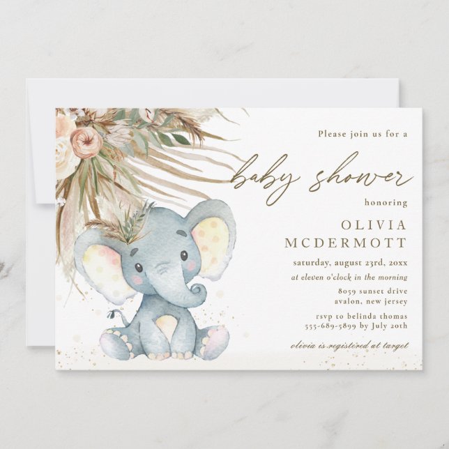 Invitation Baby shower éléphant neutre en herbe Boho Pampas (Devant)