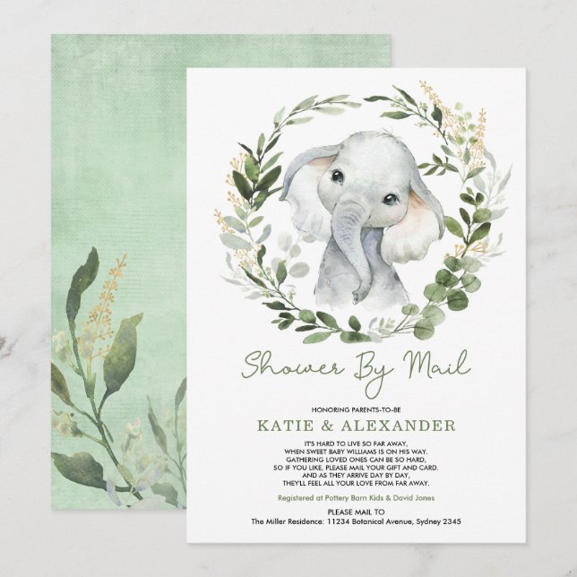 Invitation Baby shower Eléphant Or Vert Moderne Par Courrier (Devant / Derrière)