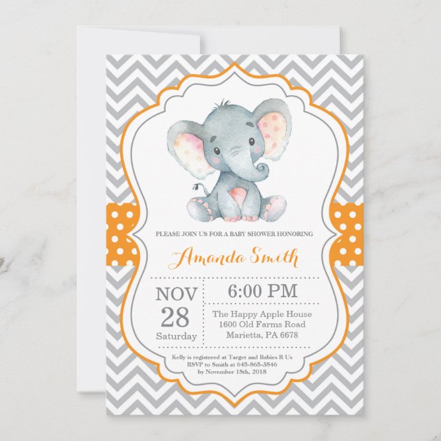 Invitation Baby shower éléphant orange et gris (Devant)