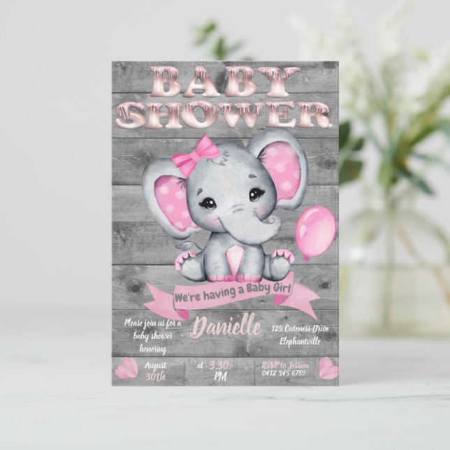 Invitation Baby shower éléphant pour les filles mo (Debout devant)