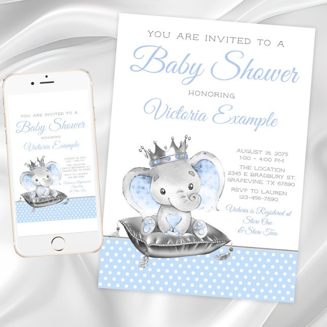 Invitation Baby shower éléphant Prince Eléphant (Boy Elephant Baby Shower Invitation. Instant download and printed invitations available.)
