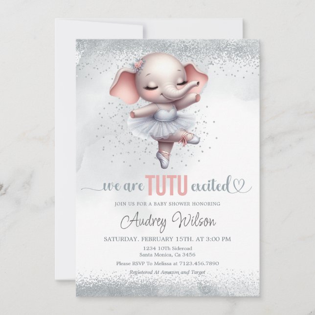 Invitation Baby shower éléphant Robe Argent et Tutu Rose (Devant)