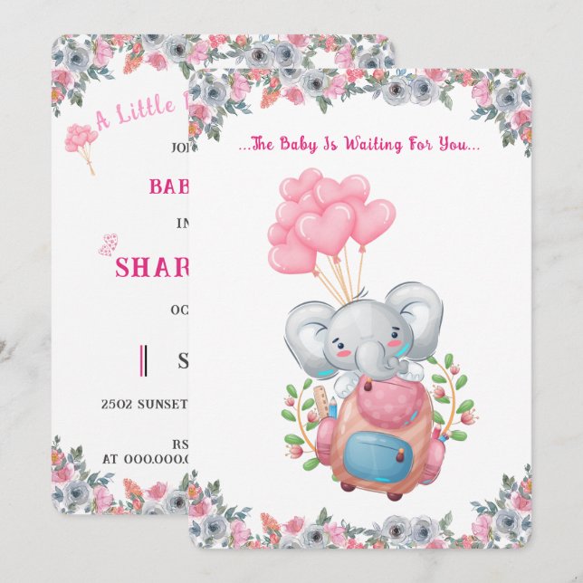 Invitation Baby shower Eléphant Rose Cute (Devant / Derrière)