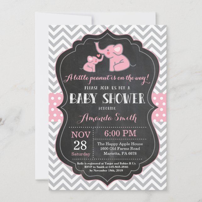 Invitation Baby shower éléphant rose et gris (Devant)