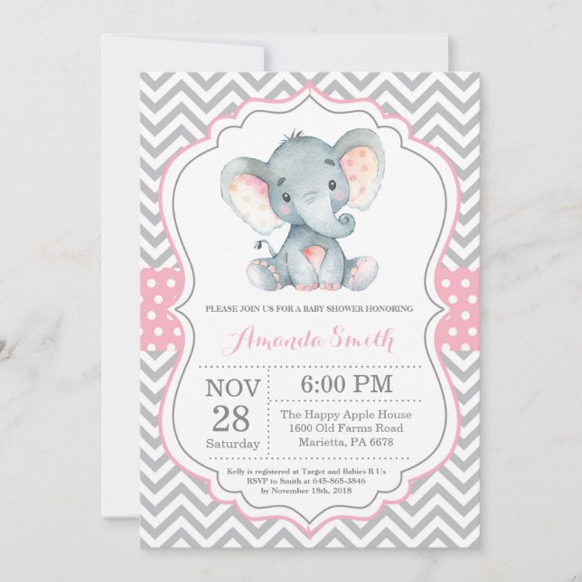 Invitation Baby shower éléphant rose et gris (Devant)