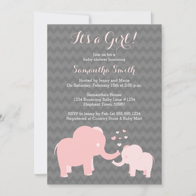 Invitation Baby shower éléphant rose et gris (Devant)