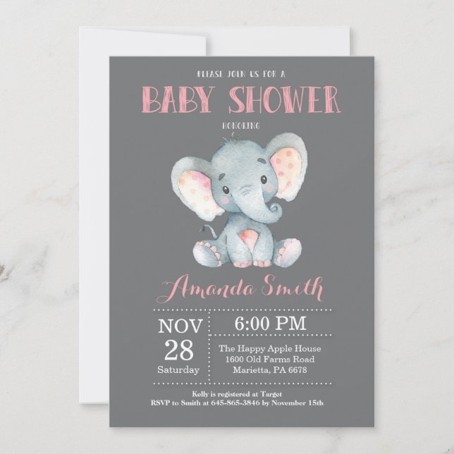 Invitation Baby shower éléphant rose et gris (Devant)