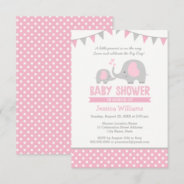 Invitation Baby shower éléphant rose et gris (Devant / Derrière)