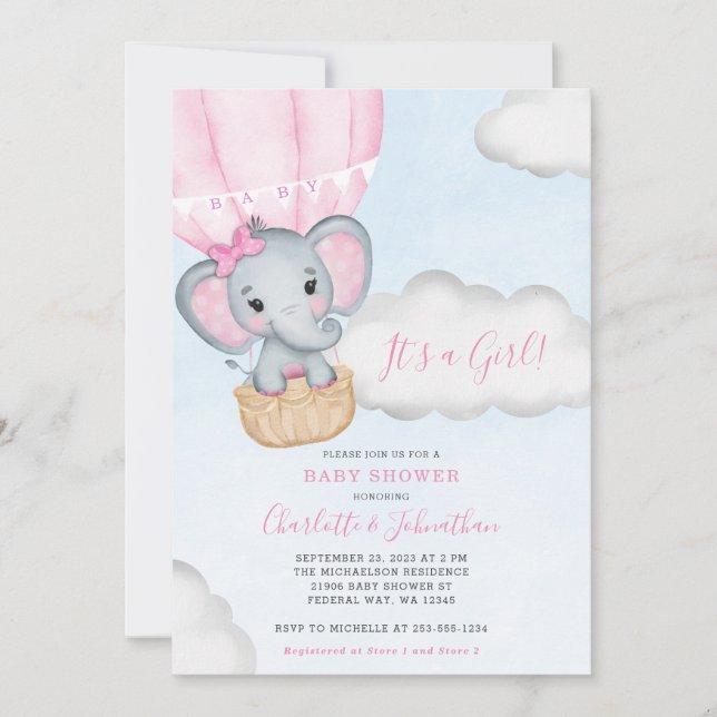 Invitation Baby shower Eléphant rose Fille (Devant)