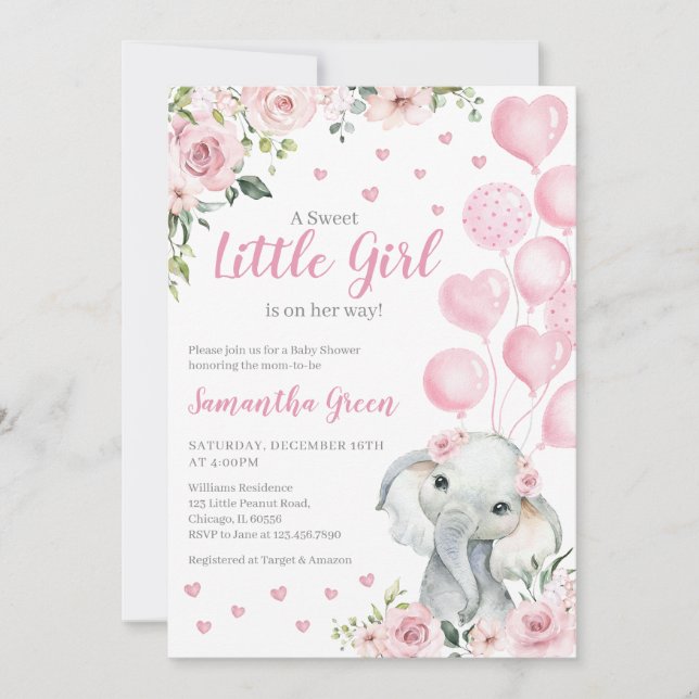 Invitation Baby shower Eléphant Rose Girl (Devant)