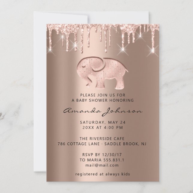 Invitation Baby shower Elephant Rose Gold Drip Garçon fille (Devant)