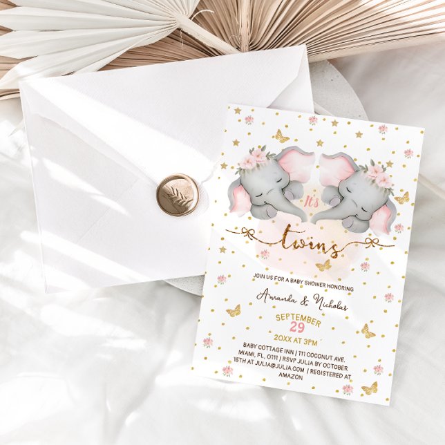 Invitation Baby shower Elephant Rose Twin Girls (Créateur téléchargé)