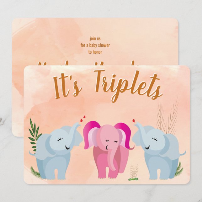 Invitation Baby shower Eléphant Triplet (Devant / Derrière)