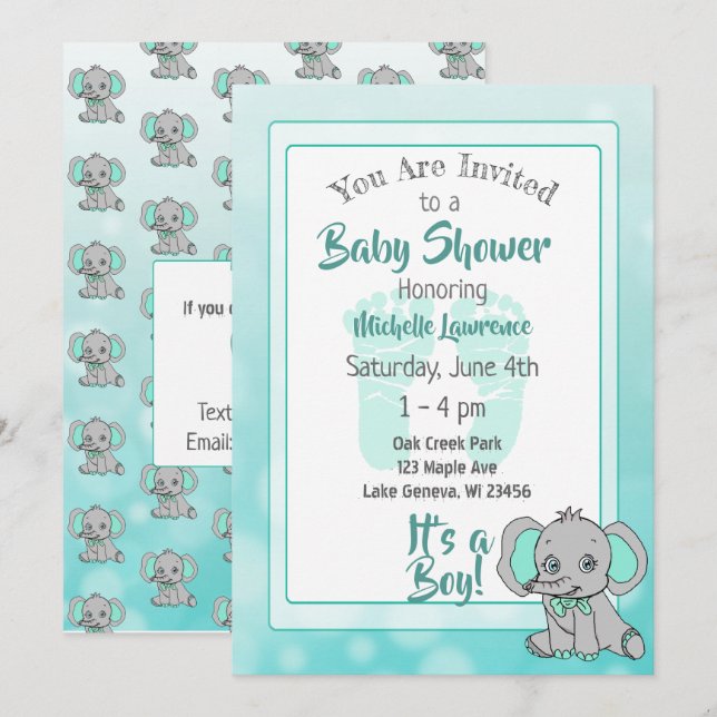 Invitation Baby shower Eléphant turquoise (Devant / Derrière)