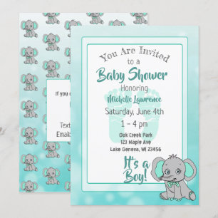 Invitation Baby shower Eléphant turquoise