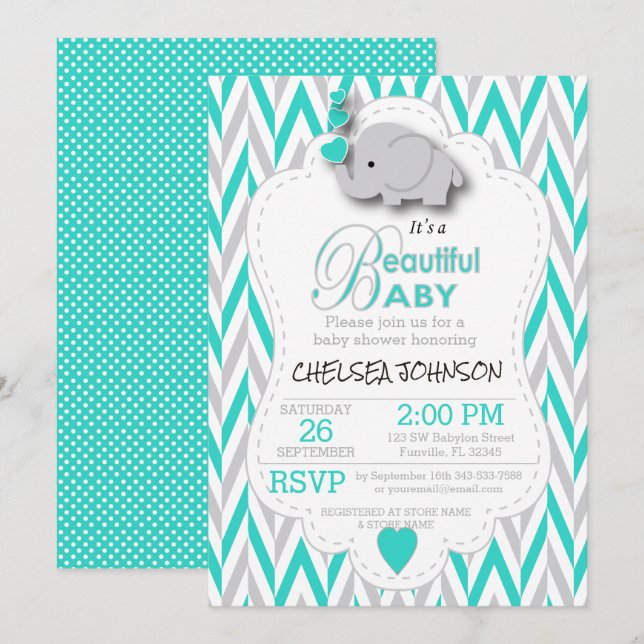 Invitation Baby shower Eléphant Turquoise, Blanc & Gris (Devant / Derrière)