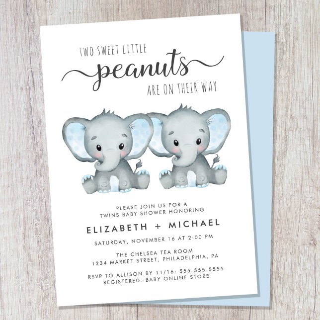 Invitation Baby shower Elephant Twin Boys Couples (Cute twin boys couples baby shower invitation)