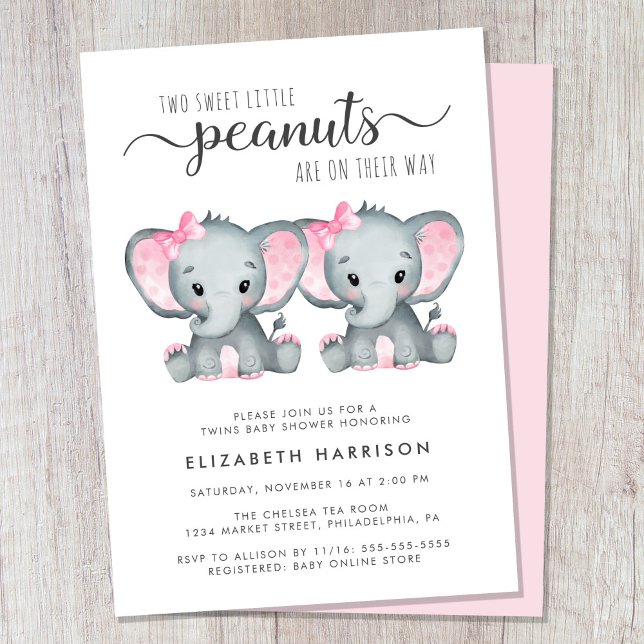 Invitation Baby shower Eléphant Twin Girls (Cute twin girls baby shower invitation)