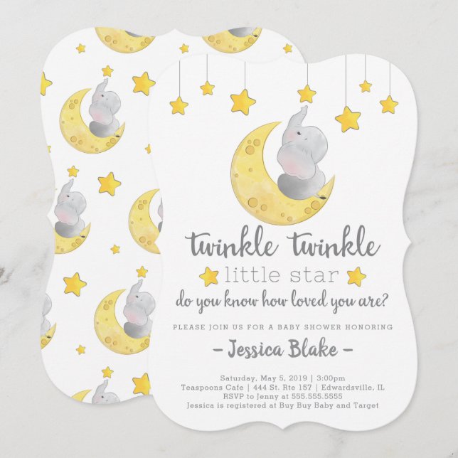 Invitation Baby shower éléphant "Twinkle Twinkle Little Star" (Devant / Derrière)