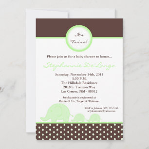 Invitation Baby shower éléphant TWINS Mod Gree 5x7