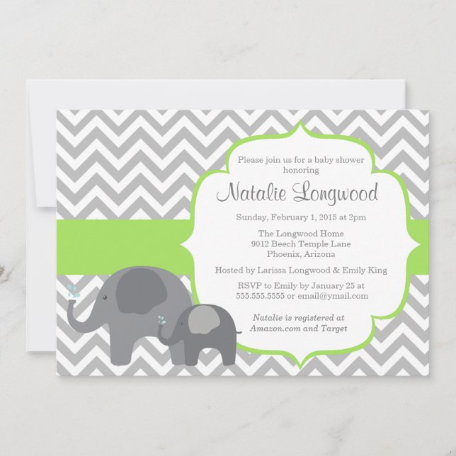 Invitation Baby shower éléphant, vert chevron (Devant)