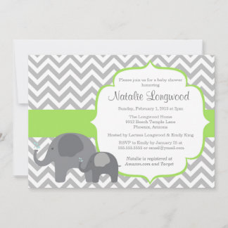 Invitation Baby shower éléphant, vert chevron