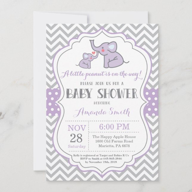 Invitation Baby shower éléphant violet et gris (Devant)