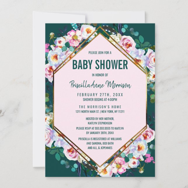 Invitation Baby shower Emerald Jade de finition or rose Fleur (Devant)