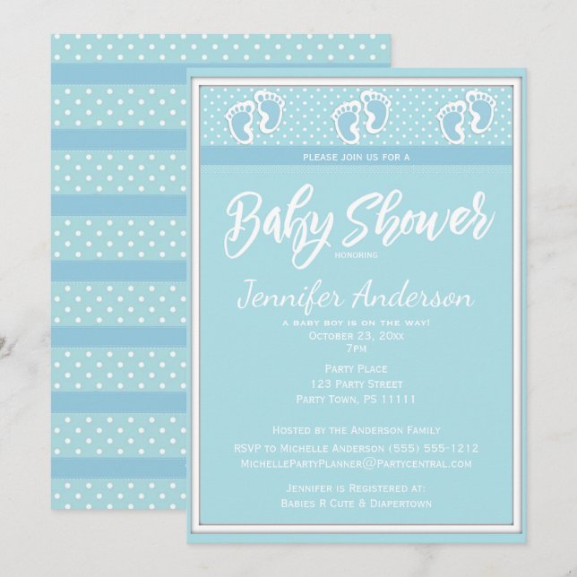Invitation Baby shower Empreinte bébé bleu garçon (Devant / Derrière)