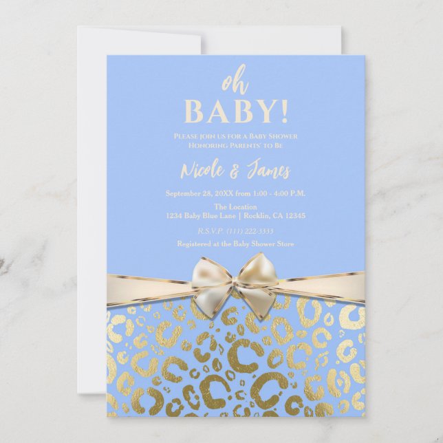 Invitation Baby shower Empreinte de léopard Blue et Gold Ligh (Devant)