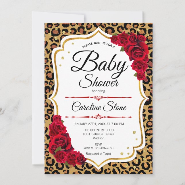 Invitation Baby shower - Empreinte de léopard d'or rouge (Devant)