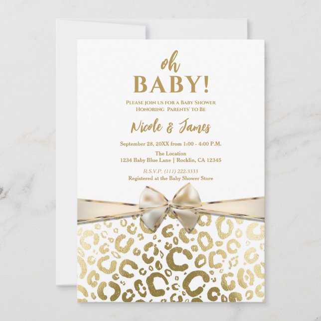 Invitation Baby shower Empreinte de léopard Glam blanc et or (Devant)