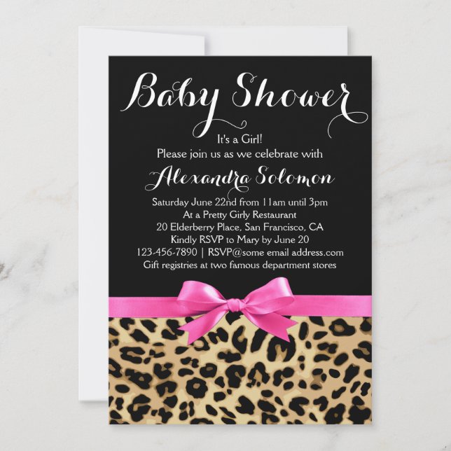 Invitation Baby shower Empreinte de léopard Hot Pink Bow Girl (Devant)