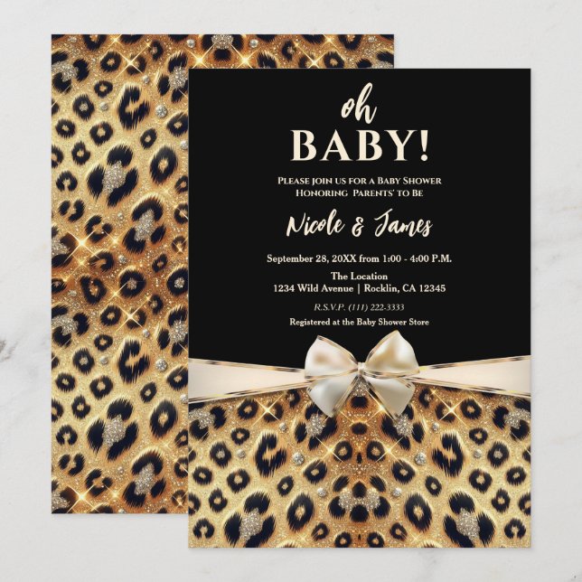 Invitation Baby shower Empreinte de léopard Noir Sparkle Glam (Devant / Derrière)