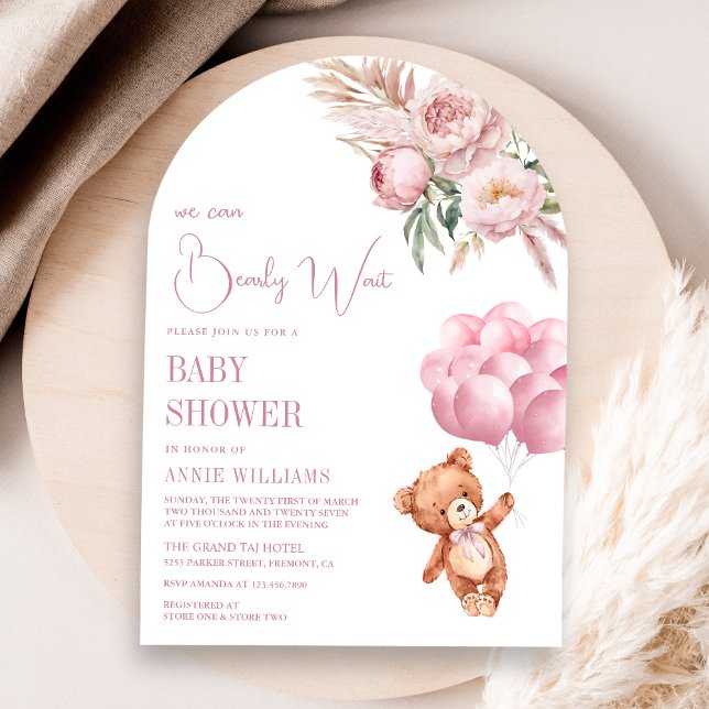 Invitation Baby shower en arc fleuri de l'ours en peluche ros (Créateur téléchargé)