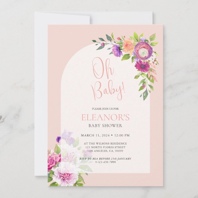 Invitation Baby shower en arc floral rose mignon (Devant)