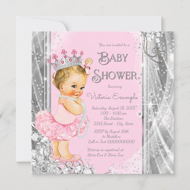 Invitation Baby shower en argent rose Princess Tutu (Devant)