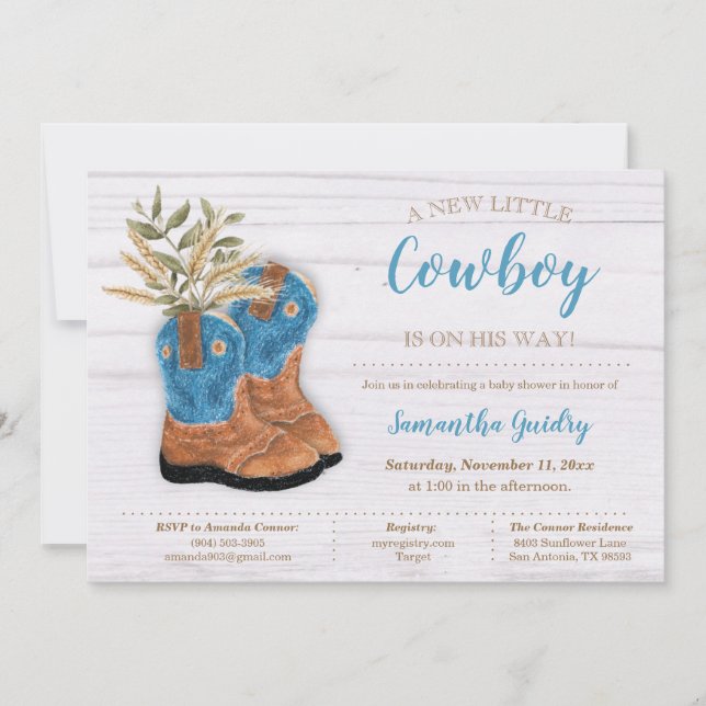 Invitation Baby shower en bois blanc Little Cowboy Bootie (Devant)