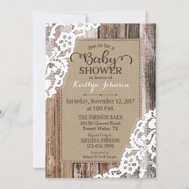 Invitation Baby shower en bois de dentelle de grange rustique (Devant)