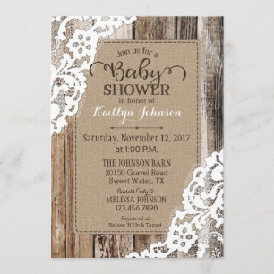 Invitation Baby shower en bois de dentelle de grange rustique