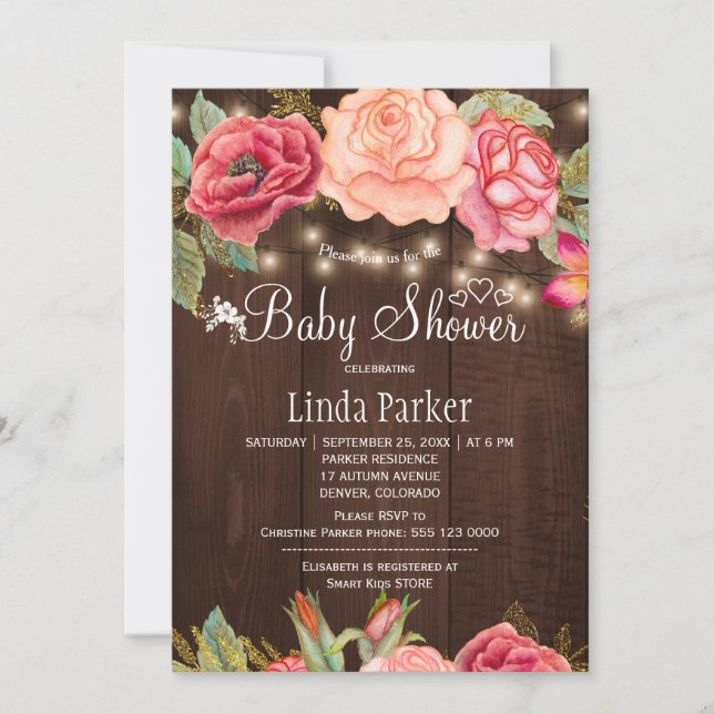 Invitation Baby shower en bois de grange rose pâle (Devant)