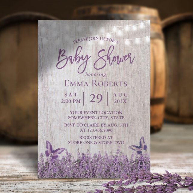 Invitation Baby shower en bois de papillon floral de lavande  (Créateur téléchargé)