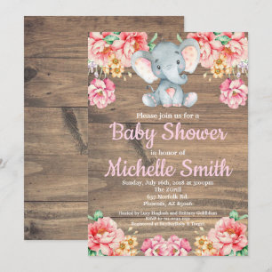 Invitation Baby shower en bois d'éléphant de fille rose