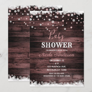 Invitation Baby shower en bois rustique de neige d'hiver d'or