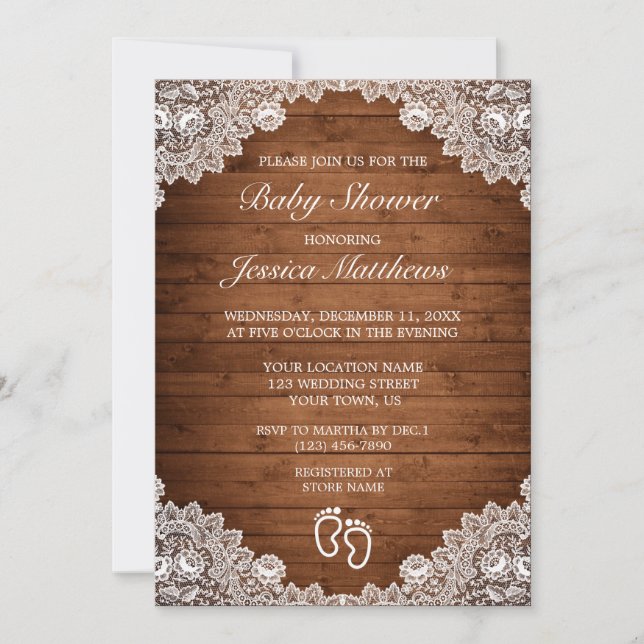 Invitation Baby shower en bois rustique et dentelle blanche (Devant)