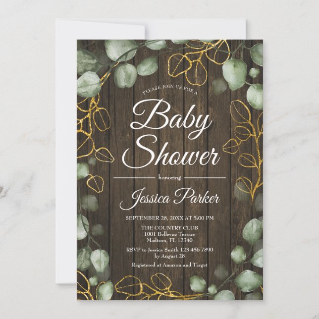 Invitation Baby shower en bois rustique Eucalyptus Wreath (Devant)