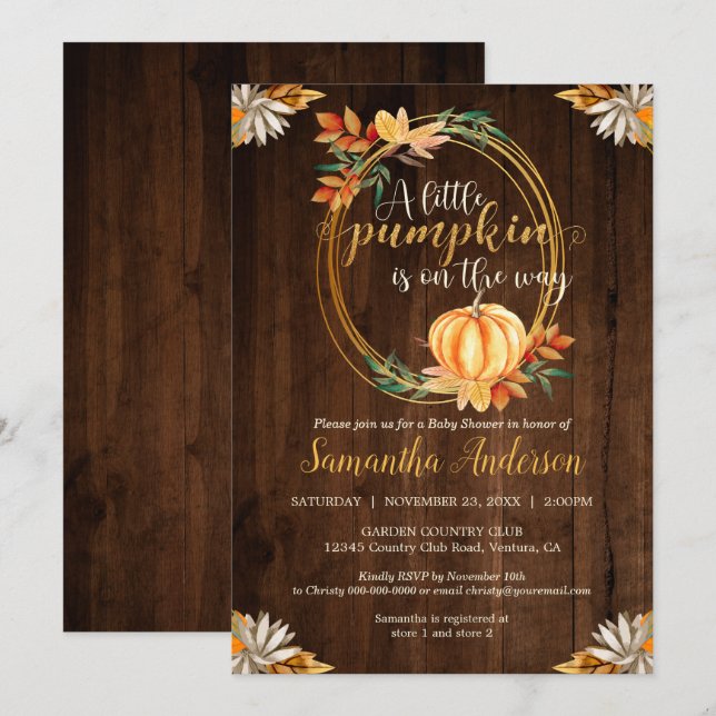 Invitation Baby shower en bois rustique petit Citrouille Feui (Devant / Derrière)